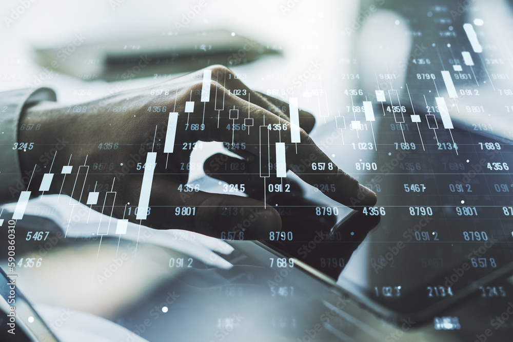 Poster Double exposure of abstract creative statistics data hologram with finger clicks on a digital tablet on background, analytics and forecasting concept