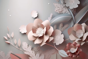 Invitación de bodas con flores 3d elegantes de colores plateados y ocres, creado con IA generativa