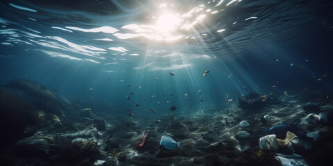 Obraz na płótnie Canvas Fondo del mar contaminado con basura, plásticos en el océano, creado con IA generativa