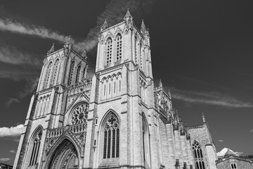 Fototapeta na wymiar Bristol, England, UK: Bristol Cathedral, the Cathedral Church of the Holy and Undivided Trinity; Cathedral of Bristol on the Church of England in black and white