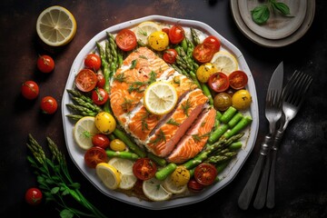 healthy and colorful meal featuring salmon, asparagus, tomatoes, and lemon. Generative AI
