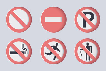Public safety prohibition signs, with a paper cut out design style. editable vector, editable, organized layers.