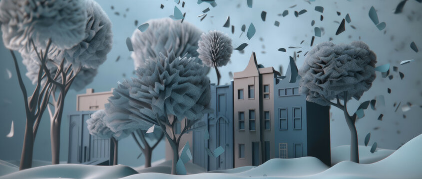 Edificios en papercraft, escenario teatro, escenario videojuego, creado con IA generativa