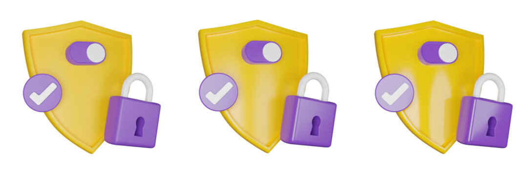 3D shield secure icon, authentication lock check mark render concept secret personal data protection. Antivirus badge, internet fraud security safe clipart, VPN slider button. 3D shield padlock design
