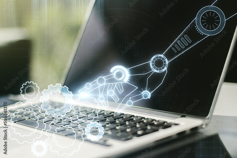 Leinwandbilder creative concept of robotics technology on modern laptop background. robot development and automatio