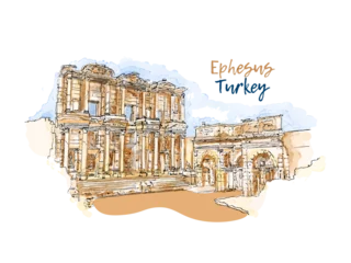 Ephesus, Izmir, Turkey. The Library of Celsus. Abstract landscape of Turkish landmarks on the Aegean Sea. Hand drawn sketch vector watercolor illustration. Simple urban sketch for postcards © DaisyArt