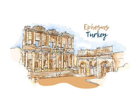 Ephesus, Izmir, Turkey. The Library of Celsus. Abstract landscape of Turkish landmarks on the Aegean Sea. Hand drawn sketch vector watercolor illustration. Simple urban sketch for postcards