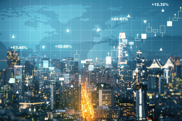 Fototapeta na wymiar Abstract creative financial graph interface and world map on San Francisco skyline background, forex and investment concept. Multiexposure