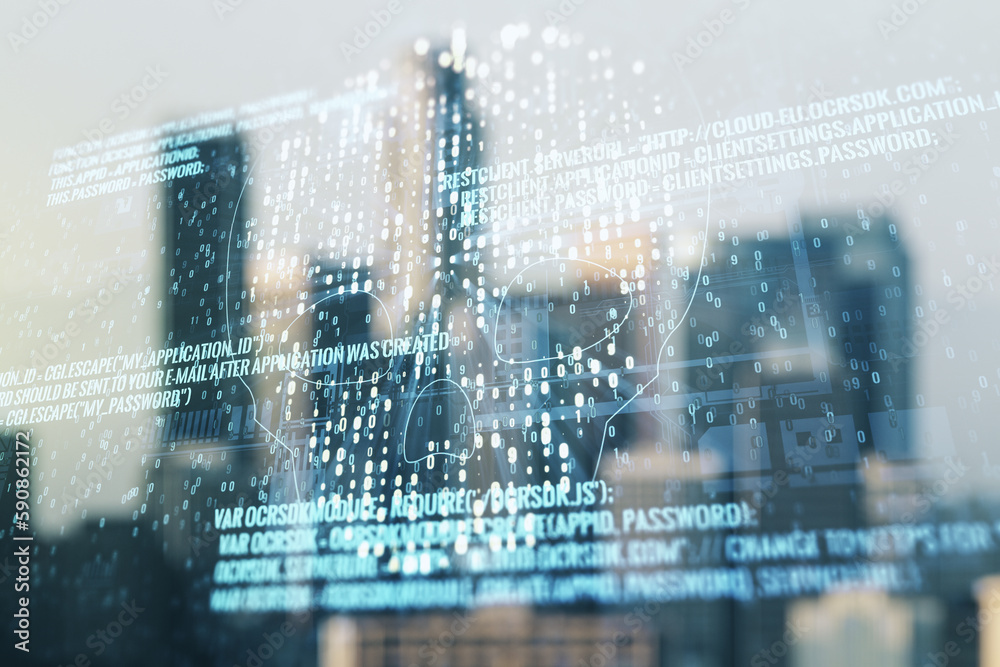 Poster double exposure of abstract virtual creative code skull hologram on blurry cityscape background. mal