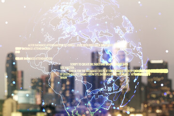 Abstract virtual coding illustration and world map on blurry skyscrapers background, international software development concept. Multiexposure