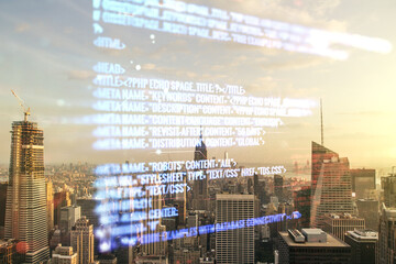 Multi exposure of abstract programming language hologram on Manhattan office buildings background, artificial intelligence and machine learning concept
