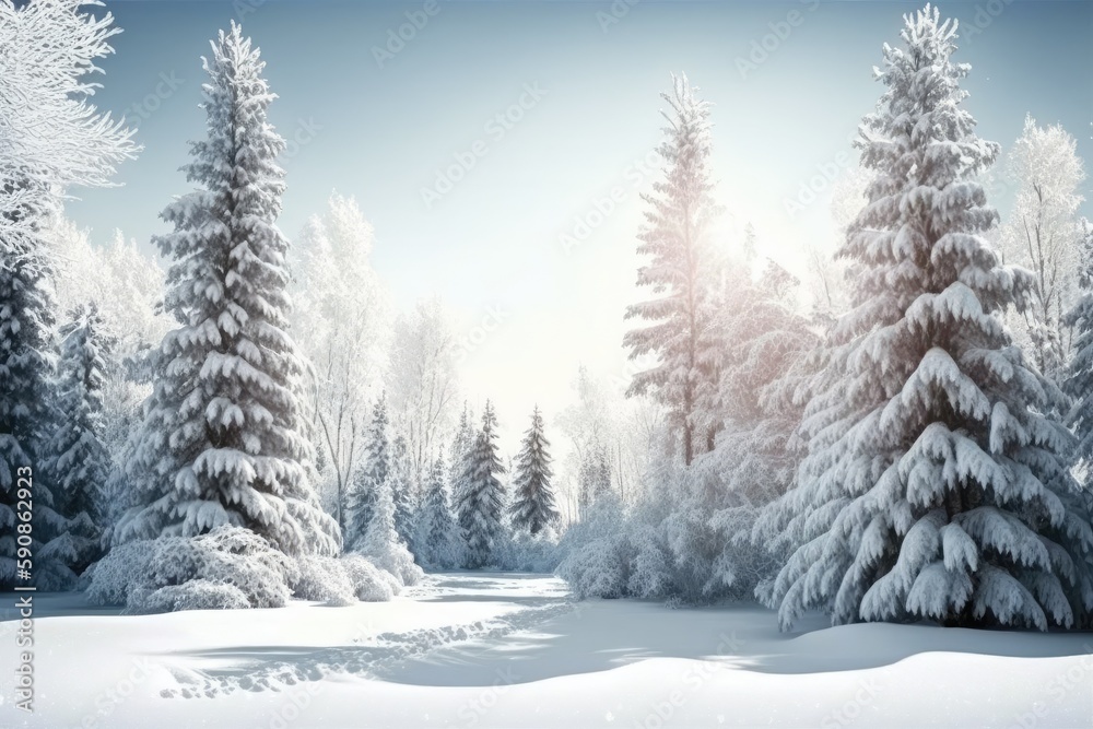 Sticker serene winter forest with snow-covered trees. generative ai