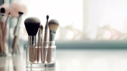 Makeup brushes in a glass. Clean professional makeup brushes set for make-up artist, cosmetics, make up theme. AI generated - obrazy, fototapety, plakaty