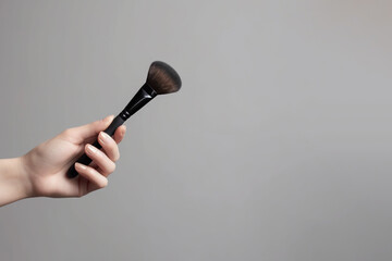 Hand holding makeup brush, cosmetic equipment on neutral gray background in studio. Beauty concept, man's make up. AI generated image.