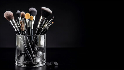 Makeup brushes in a glass. Clean professional makeup brushes set for make-up artist, cosmetics, make up theme. AI generated