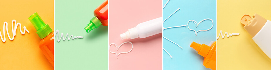 Set of sun protection creams on color background