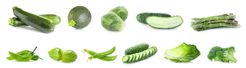 Set of green vegetables on white background