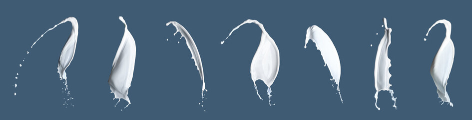Set of milk splashes on blue background