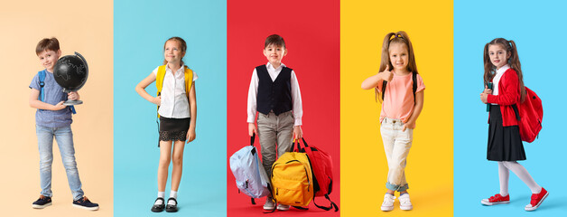 Set of little school children on color background. End of school