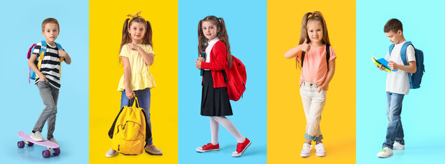 Set of little school children on blue and yellow backgrounds. End of school
