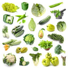 Set of fresh green vegetables on white background