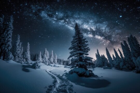 winter forest with a path leading to a starry night sky. Generative AI © 2ragon