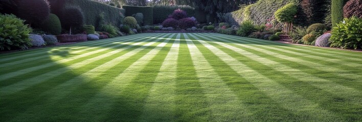 Fototapeta na wymiar Symmetrical Garden Design with Luminous Striped Grass and Distinctive Line Work, AI-Generated