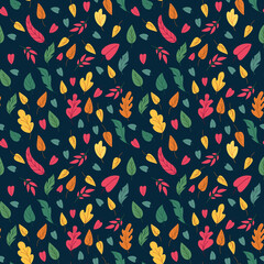 Autumn leaves pattern, fall flowers. Orange and brown vintage nature tree foliage, retro color plants. Decor textile, seasonal wrapping paper, wallpaper design. Vector tidy seamless texture