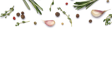Composition with fresh spices and herbs isolated on white background