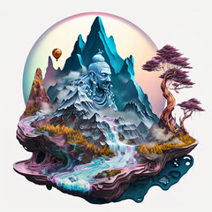 Psychedelic Spiritual surreal landscape with giant mushrooms and buddhist elements