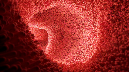 The human intestinal environment. Microvilli on the inner wall of the small intestine. View under a microscope. 3d rendering