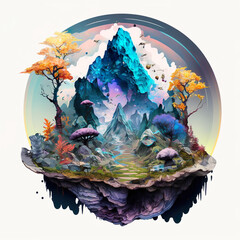 Psychedelic Spiritual surreal landscape with giant mushrooms and buddhist elements
