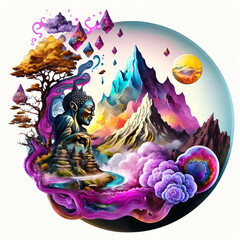 Psychedelic Spiritual surreal landscape with giant mushrooms and buddhist elements