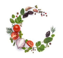 Composition with fresh vegetables, herbs and spices isolated on white background