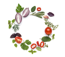 Frame made of fresh vegetables and herbs on white background
