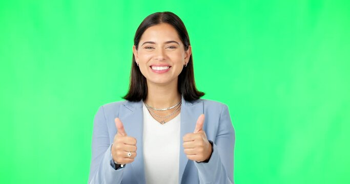 Business woman, hands and thumbs up on green screen for agreement, winning or success against a studio background. Portrait of happy female showing thumb emoji, yes sign or like on chromakey mockup