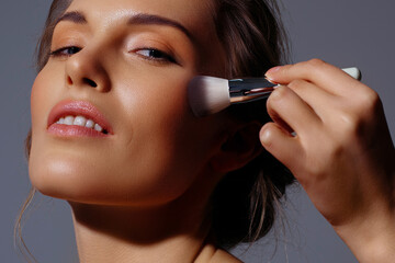 Applying makeup with brush to face of beautiful adult woman