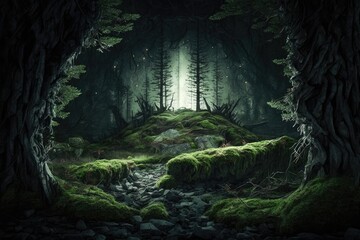 mysterious and enchanting forest with lush green moss and towering trees. Generative AI