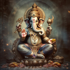 Hindu mythology god Ganesh. Created with Generative AI technology. - obrazy, fototapety, plakaty