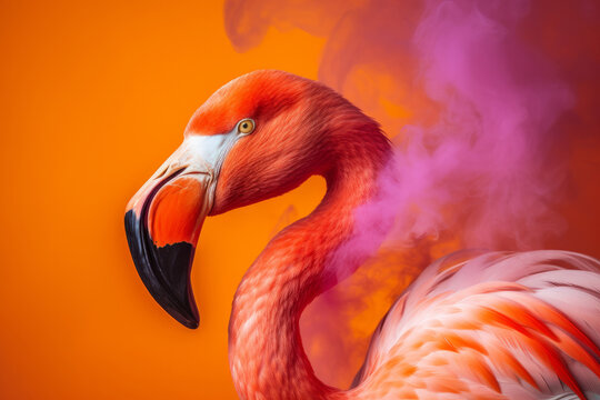 Portrait of a flamingo with a colourful smoke cloud. Abstract creative animal. Generative ai