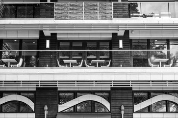 Second Story Coffee Shop in a Black and White Building.