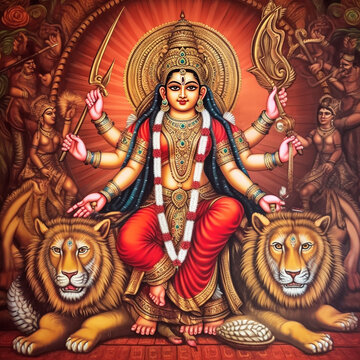 Hindu mythology god Durga. Created with Generative AI technology.