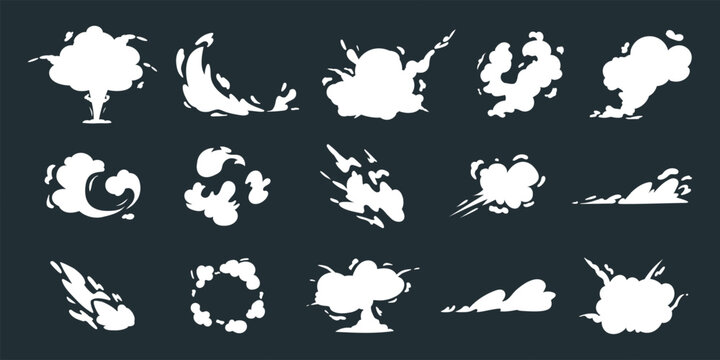 Smoke clouds, cartoon speed effect collection. Comic car dust and wind, trail steam white fog, jump or boom puff in motion, cartoon smog or mist. Vector recent flat silhouettes illustration