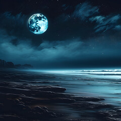 Naklejka na ściany i meble Night sky with a betiful moon and a nice ocean