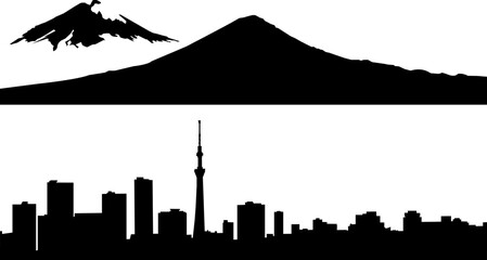 Vector cartoon silhouette of Tokyo city skyline and Fujiyama skyline in black.