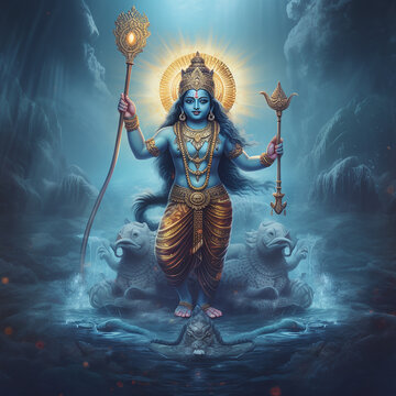 Hindu mythology god Vishnu. Created with Generative AI technology.