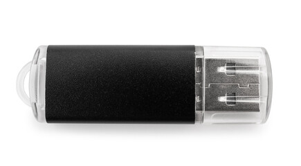 Black USB flash drive on white background