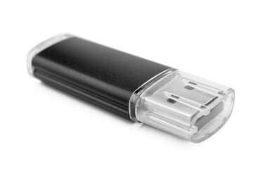 Black USB flash drive on white background