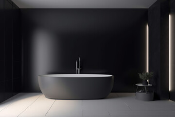 Naklejka na ściany i meble Luxury bathroom with window. Modern big matte black bathtub and concrete tiles. Generative AI