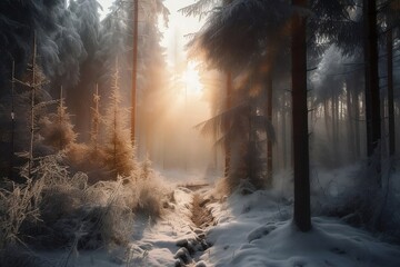 Snowy Winter Forest with Snowfall on Background